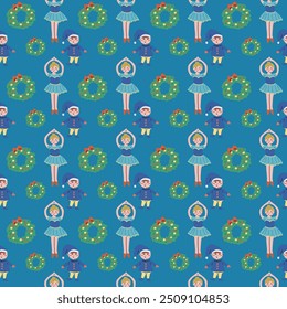 Cute childrens xmas and Happy New Year pattern for wrapping paper, christmas paper, greeting cards. Fairy characters and animals or decorative xmas elements endless background. Flat illustration.