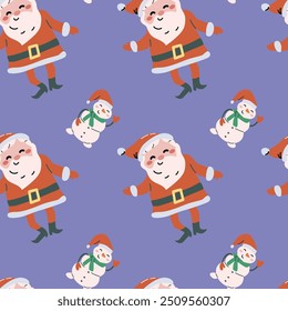 Cute childrens xmas and Happy New Year pattern for wrapping paper, christmas paper, greeting cards. Fairy characters and animals or decorative xmas elements endless background. Flat illustration.