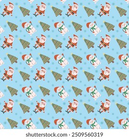 Cute childrens xmas and Happy New Year pattern for wrapping paper, christmas paper, greeting cards. Fairy characters and animals or decorative xmas elements endless background. Flat illustration.