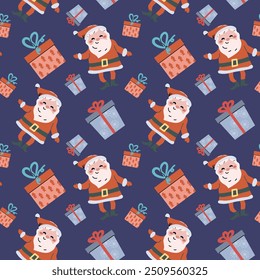 Cute childrens xmas and Happy New Year pattern for wrapping paper, christmas paper, greeting cards. Fairy characters and animals or decorative xmas elements endless background. Flat illustration.
