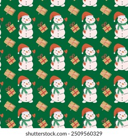 Cute childrens xmas and Happy New Year pattern for wrapping paper, christmas paper, greeting cards. Fairy characters and animals or decorative xmas elements endless background. Flat illustration.