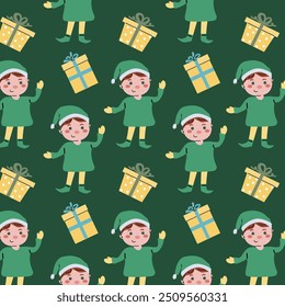 Cute childrens xmas and Happy New Year pattern for wrapping paper, christmas paper, greeting cards. Fairy characters and animals or decorative xmas elements endless background. Flat illustration.