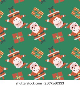 Cute childrens xmas and Happy New Year pattern for wrapping paper, christmas paper, greeting cards. Fairy characters and animals or decorative xmas elements endless background. Flat illustration.