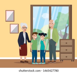 cute childs with grandparents home vector illustration
