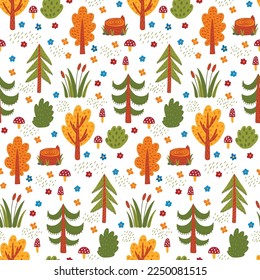 Cute childush fairytale forest wood colorful seamless vector pattern