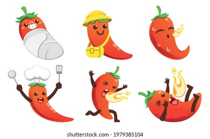 El personaje de la caricatura de chili chile sabor picante de productos con diferentes niveles de especias. Mascota para el diseño de concepto de productos de marcas.