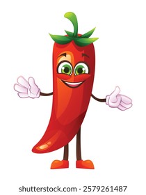 Cute chili character with open arms, welcoming and cheerful. Vector cartoon illustration