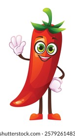 Cute chili character waving happily. Vector cartoon illustration