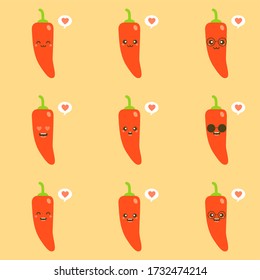 Cute chili pepper character with face. Kawaii doodle chili pepper isolated on color  background. Stock vector illustration.