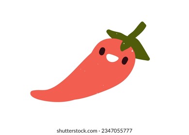 Cute chili pepper character. Happy hot spicy vegetable with funny smiling face expression. Kawaii food emoji, emotion. Comic childish kids flat vector illustration isolated on white background