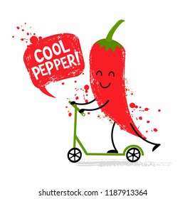 Cute chili pepper on a kick scooter. T-shirt design for kids