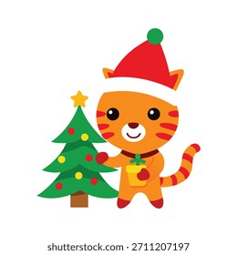 Cute chili style tiger decorating Christmas tree, vibrant festive illustration perfect for Christmas cards, holiday art, and seasonal designs.