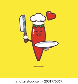 cute chilli chef. Vegetable world day. Vector isolated flat illustration for poster, brochure, web, mascot, sticker, logo and icon.