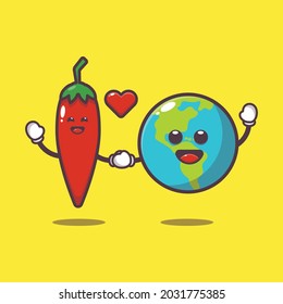 cute chilli and earth illustration. vegetable world day. vector isolated flat illustration for poster, brochure, web, mascot, sticker, logo and icon.