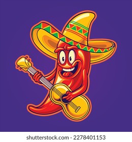 Cute chilli pepper sombrero hat mexican guitar cinco de mayo logo cartoon illustrations vector for your work logo, merchandise t-shirt, stickers and label designs, poster, greeting cards advertising 