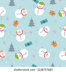 Cute chilly snowman seamless pattern on blue background. Vector illustration. Design for textile, wrapping, fabric, wallpaper, background