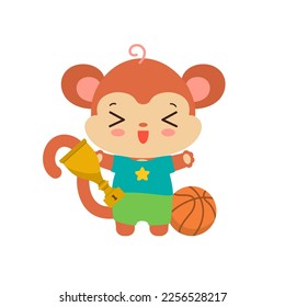 Cute chimp athlete holding award sport cup . Animal kawaii monkey school student . PE elementary subject. Little champion sport winner trophy. Chibi animal school child sport basketball champion.