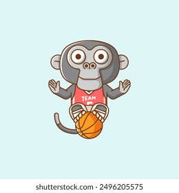 Cute chimpanzee basketball player play basket kawaii chibi character mascot illustration outline style design set