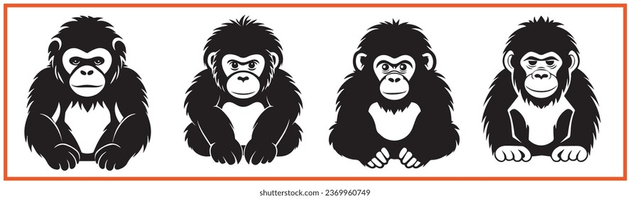 cute chimpanzee gorilla flat minimal vector logo style silhouette collection