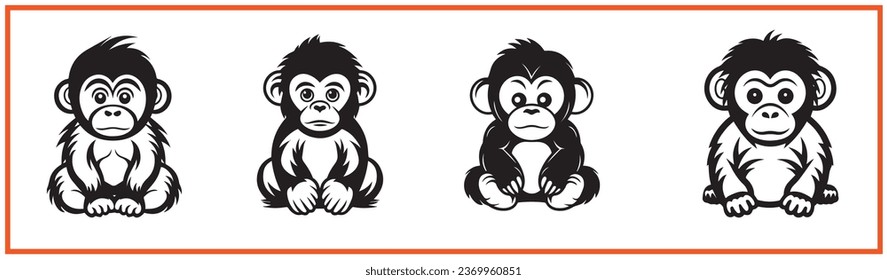 cute chimpanzee gorilla flat minimal vector logo style silhouette collection