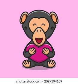 Cute chimpanzee hugging love heart cartoon icon illustration. Animal nature icon concept isolated premium vector. Flat cartoon style