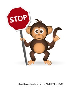 cute chimpanzee little monkey holding stop sign eps10