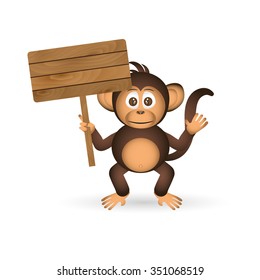 cute chimpanzee little monkey holding empty wood board for your text eps10