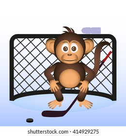 cute chimpanzee playing ice hockey sport little monkey  eps10