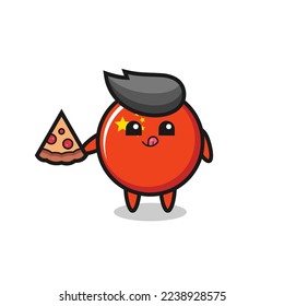 cute china flag badge cartoon eating pizza , cute style design for t shirt, sticker, logo element
