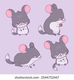 Lindo conjunto de chinchilla. Personajes de roedores animales kawaii de dibujos animados divertidos aislados. Ilustración vectorial. Colección para niños