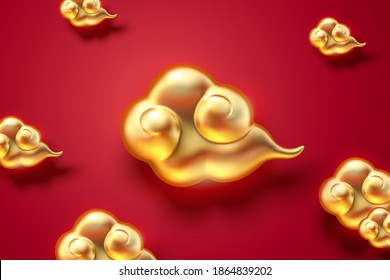 Nubes auspiciosas chinas sobre fondo rojo en ilustración 3d