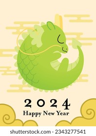 Cute chinese baby dragon for cny 2024 card. Wishing a happy year of the dragon, cute lunar new year greetings card with chinese dragon on cloudscape background. Japanese or oriental style clouds.