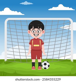 Cute Chinese boy cartoon character doing sport playing football with uniform
