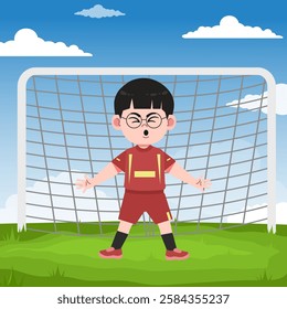 Cute Chinese boy cartoon character doing sport playing football with uniform