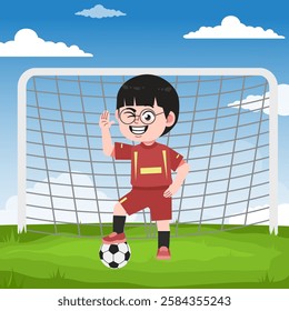 Cute Chinese boy cartoon character doing sport playing football with uniform