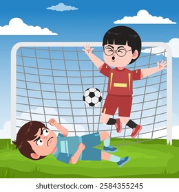 Cute Chinese boy cartoon character doing sport playing football with uniform