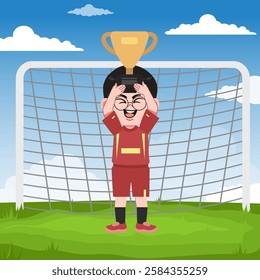 Cute Chinese boy cartoon character doing sport playing football with uniform
