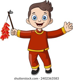 Cute chinese boy cartoon holding firecrackers