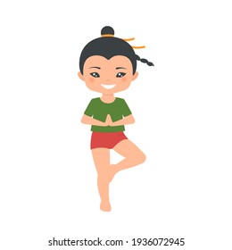 Cute chinese boy chibi practices yoga. Isolated on white background. Cartoon flat style. Vector illustration