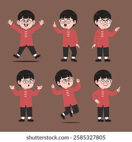 Cute Chinese Boy with Glasses Cartoon Character Collections Set