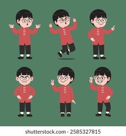 Cute Chinese Boy with Glasses Cartoon Character Collections Set