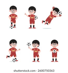 Cute Chinese Boy with Glasses cartoon Character Playing Football with Different Pose