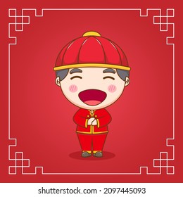 Cute Chinese Junge Gruß Pose Chibi Cartoon Charakter. Flaches Design-Illustration