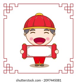 Cute Chinese boy holdingempty paper chibi cartoon character. Flat design illustration