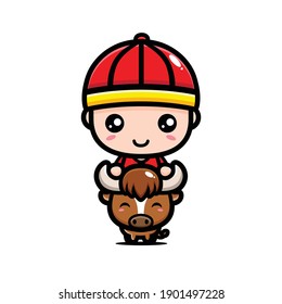 cute chinese boy riding ox