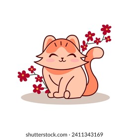 Cute Chinese Cat with Blooming Sakura. Animal Cartoon Character. Vector Illustration.