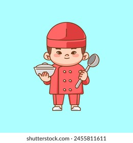 Cute chinese chef cook serve food kawaii chibi character mascot illustration outline style design set
