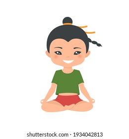 Cute Chinese chibi boy doing yoga, isolated on white background. Cartoon flat style. Vectoe illustration