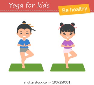 Cute chinese chibi boy and chibi girl doing yoga isolated on white background. Cartoon flat style. Vector illustration