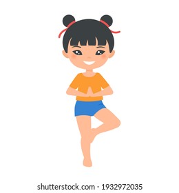 Cute Chinese chibi girl doing yoga, isolated on white background. Cartoon flat style. Vector illustration